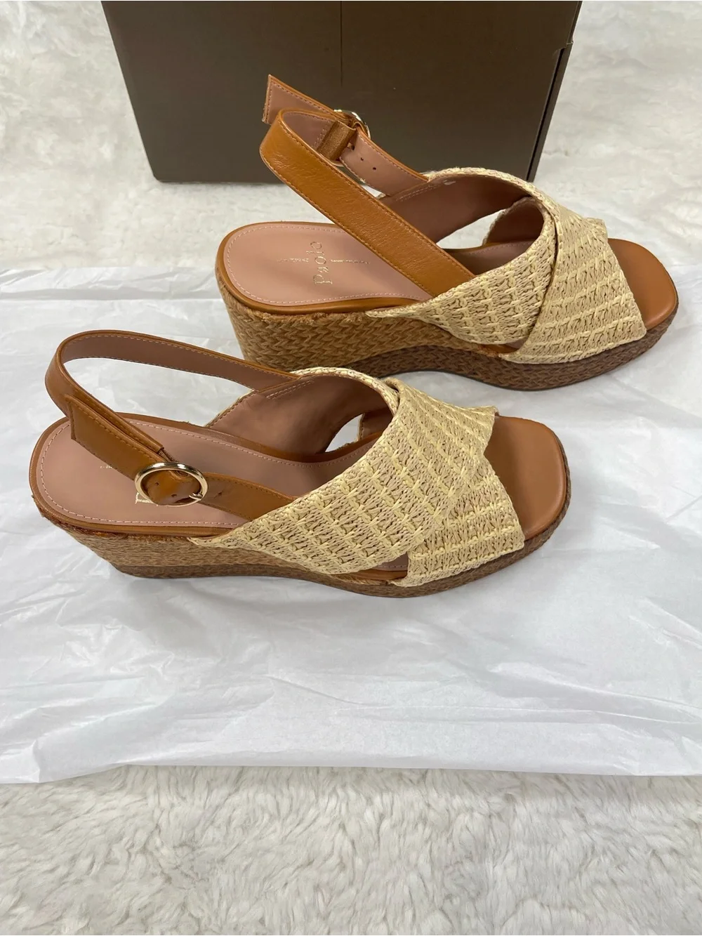 Paolo Beige & Tan Woven Platform Slingback Wedges 9.5